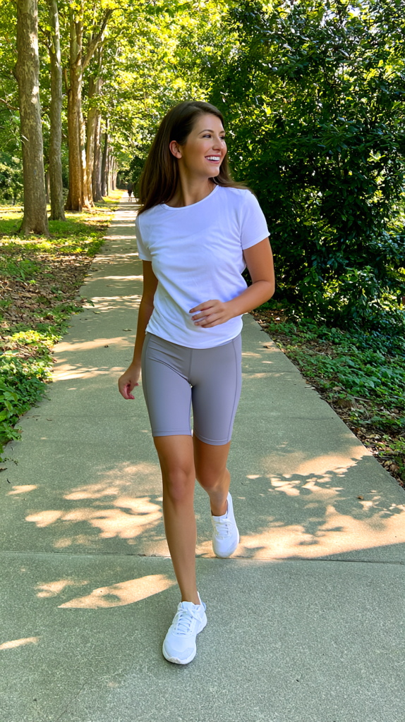 White tee and lavender biker shorts sporty outfit walking on a sunlit park path