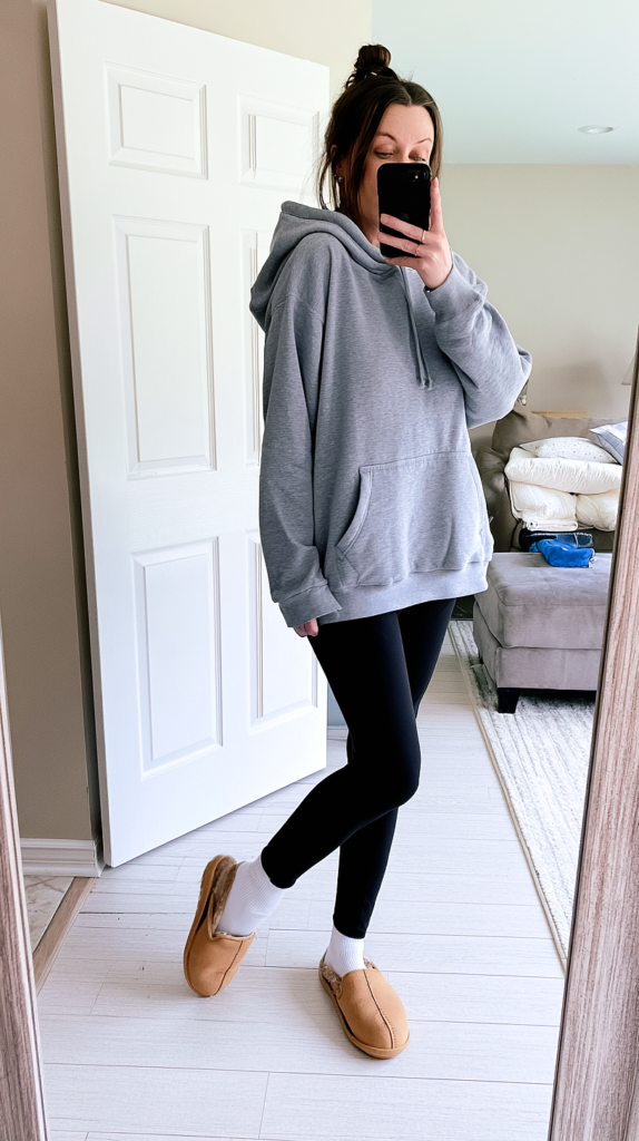 Gray hoodie and slippers at home yoga pants outfit with black leggings, mirror selfie