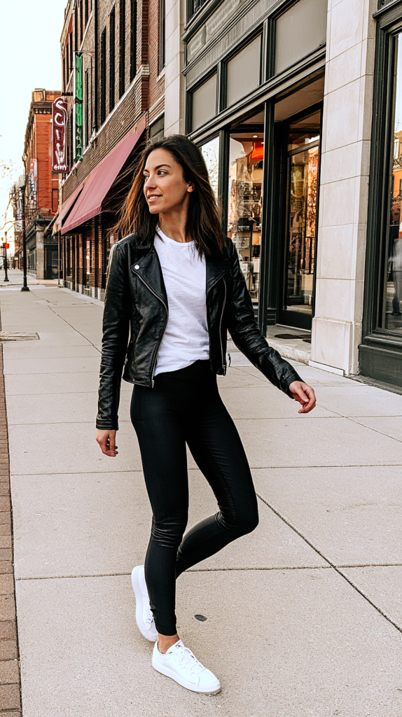 Black leather jacket over white tee athleisure outfit with black leggings and white sneakers