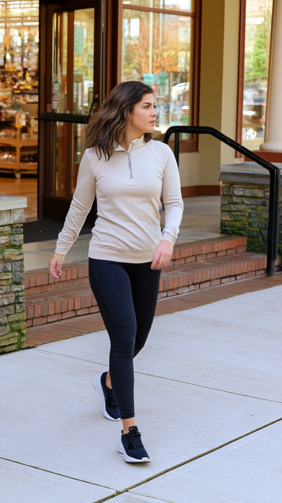 Beige quarter-zip sweater leggings outfit with black leggings and white sneakers