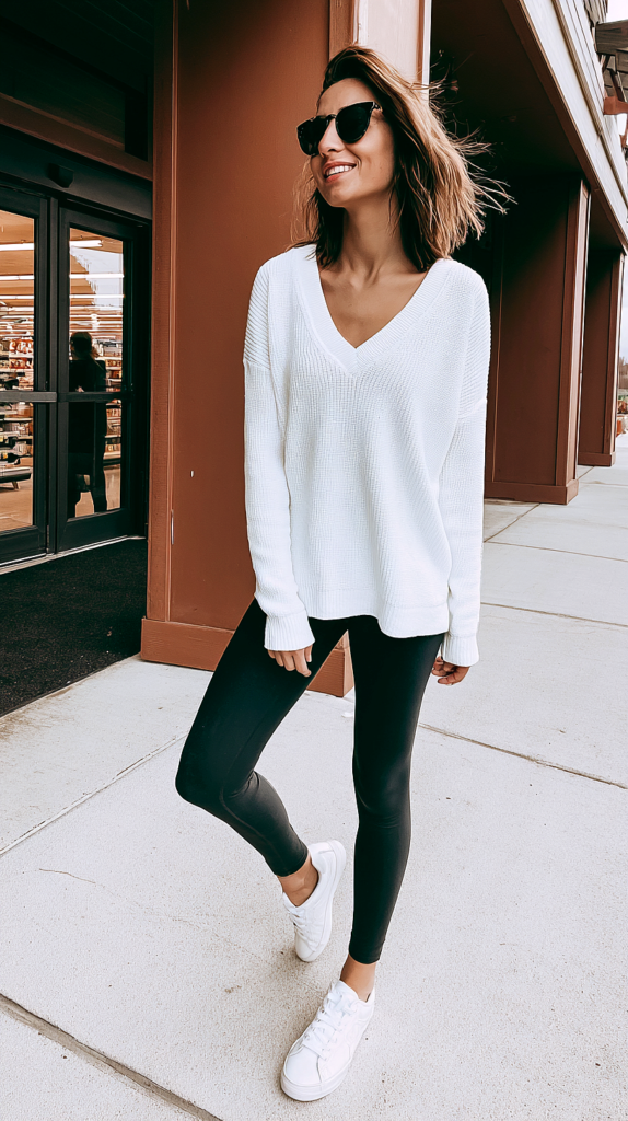 Deep V white sweater leggings outfit with black leggings and white sneakers