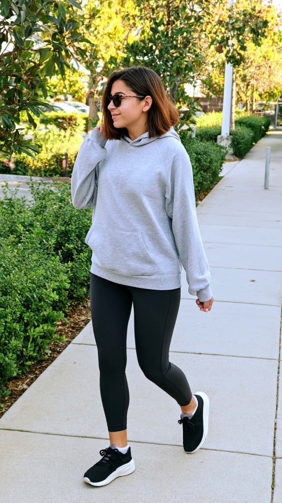 Gray hoodie and black leggings outfit with black running sneakers on a sunny sidewalk