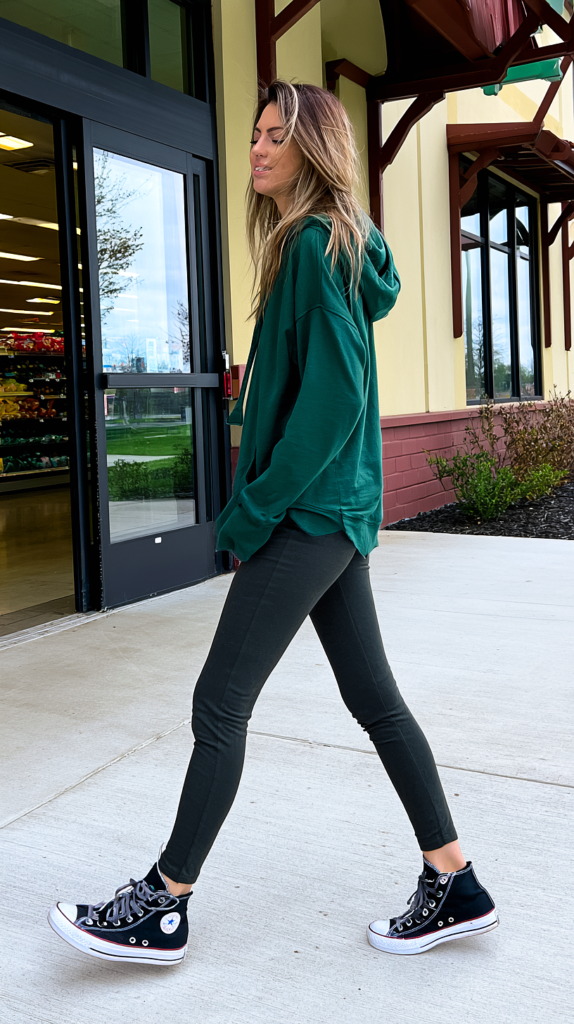 Green hoodie and high-top sneakers leggings outfit with dark leggings outside a market entrance
