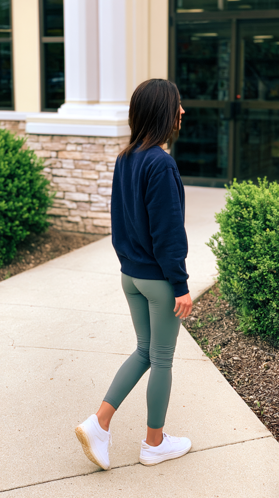 Sage leggings and navy sweatshirt leggings outfit with white sneakers outside a storefront