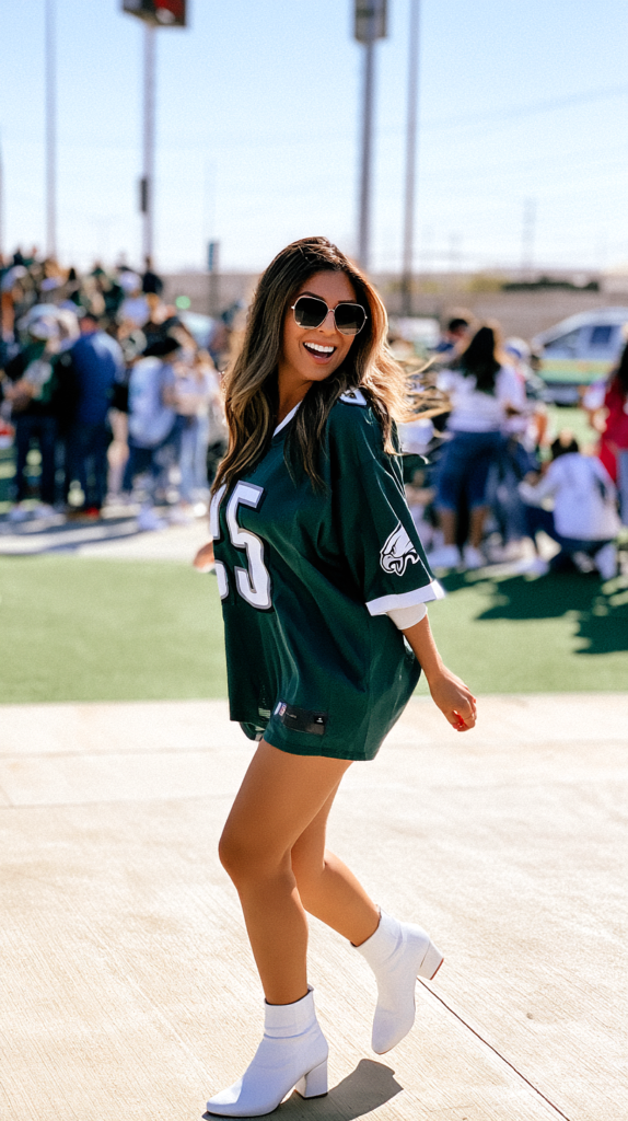 Green football jersey and white ankle boots sports mom outfit at a stadium tailgate