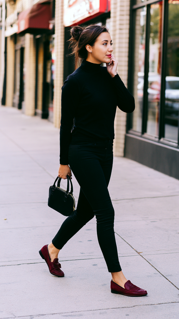 Black turtleneck and skinny jeans all black outfits for women with maroon loafers on a city sidewalk