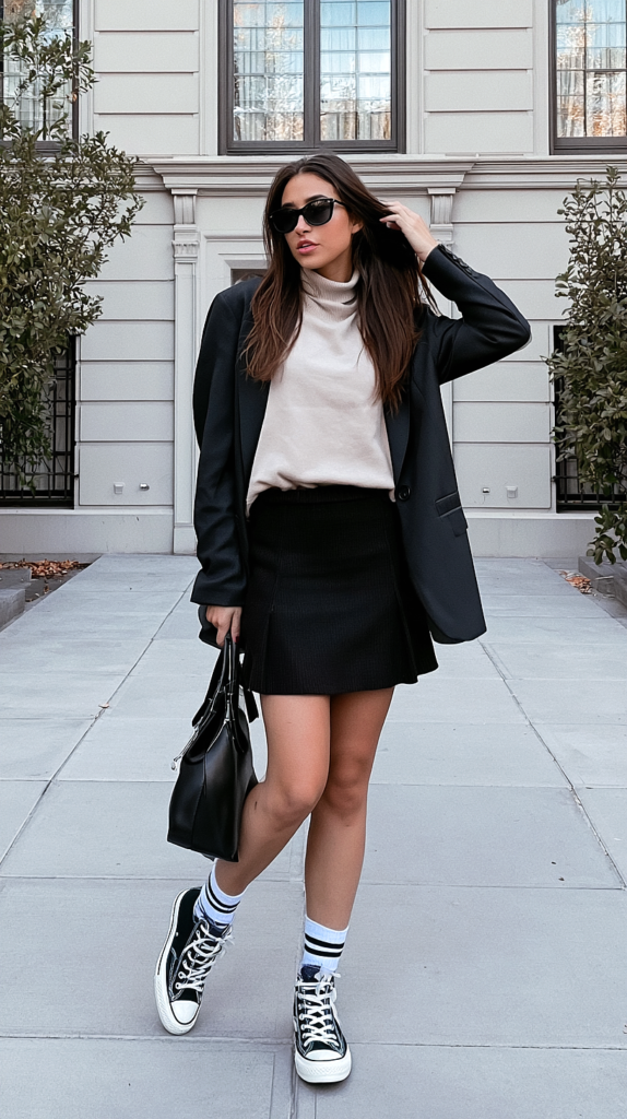 Black blazer cream turtleneck and mini skirt converse outfit with striped crew socks and black Chuck Taylor high-tops
